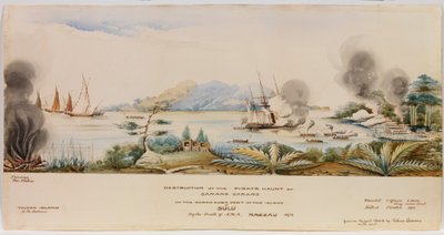 Die Zerstörung des Piratenverstecks von Carang Carang im Nordosten der Insel Sulu durch die Boote der H.M.S. Nassau im Jahr 1872 von English School