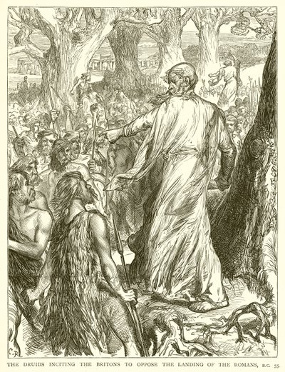 Die Druiden ermutigen die Briten, die Landung der Römer zu verhindern, 55 v. Chr. von English School