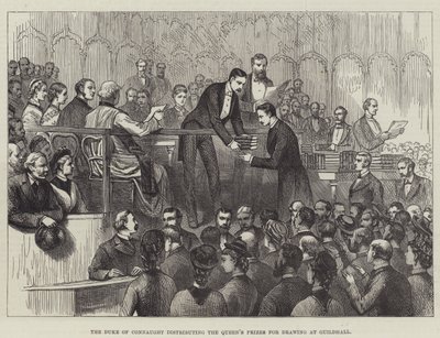 Der Herzog von Connaught verteilt die Königinnenpreise für Zeichnen in der Guildhall (Gravur) von English School