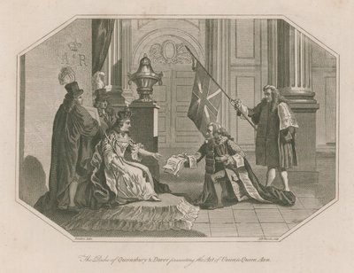 Der Herzog von Queensbury und Dover überreicht Königin Anne das Unionsgesetz von English School