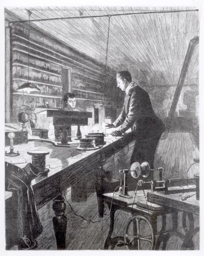 Das elektrische Licht, Mr. Edison (1847-1931) in seinem Labor von English School