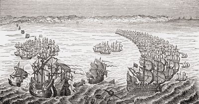 Die englische Flotte unter dem Kommando von Sir Francis Drake greift die spanische Armada 1588 an, aus 