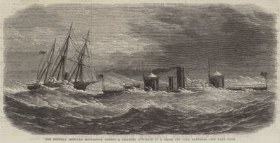 Der Bundes-Eisenpanzer Monadnock schleppt ein beschädigtes Kanonenboot in einem Sturm vor Cape Hatteras (Stich) von English School