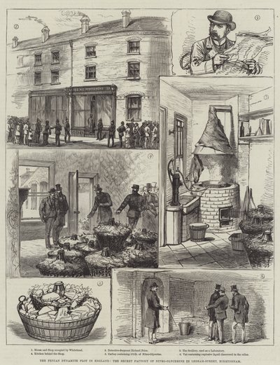 Der Fenian-Dynamit-Plot in England, die geheime Fabrik von Nitroglycerin in der Ledsam-Straße, Birmingham (Gravur) von English School