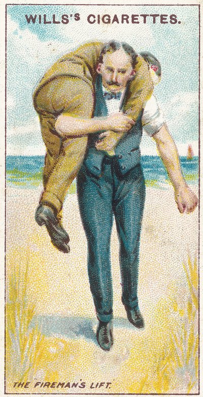 Der Feuerwehrmann-Hub Nr. 2, Nr. 19 aus der Erste-Hilfe-Serie von Willss Zigarettenkarten, 1913 von English School