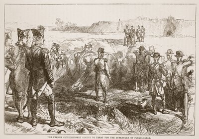 Die französischen Kommissare kommen, um über die Kapitulation von Pondicherry zu verhandeln, Illustration aus Cassells Illustrierter Geschichte Indiens von James Grant, veröffentlicht 1879 von English School