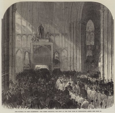 Die Beerdigung von Lord Palmerston, der Klerus empfängt den Leichnam an der Westtür der Westminster Abbey (Gravur) von English School