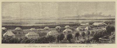 Der große Durbar in Bombay, die Investiturprozession und Gesamtansicht der Zelte (Stich) von English School