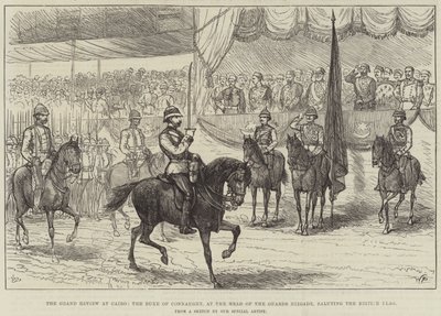 Die große Parade in Kairo, der Herzog von Connaught an der Spitze der Gardebrigade, salutiert die britische Flagge (Stich) von English School