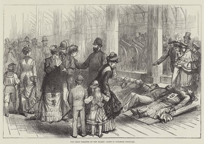 Die große Katastrophe auf der Themse, Szene in der Werft von Woolwich (Gravur) von English School
