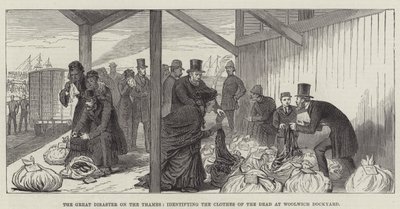Die große Katastrophe auf der Themse, Identifizierung der Kleidung der Toten im Woolwich Dockyard (Gravur) von English School