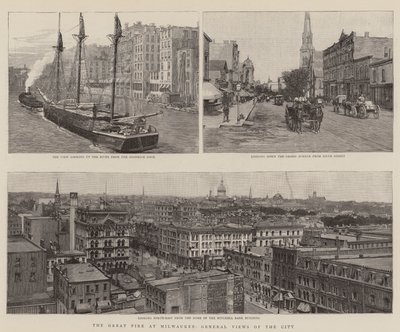 Das große Feuer in Milwaukee, Gesamtansichten der Stadt (Gravur) von English School