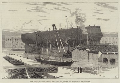 Die große italienische Zitadellenschiff Lepanto, bereit zum Stapellauf in Livorno (Gravur) von English School