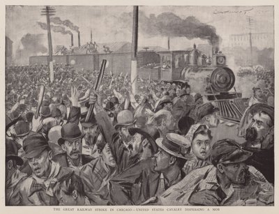Der große Eisenbahnstreik in Chicago, US-Kavallerie zerstreut einen Mob von English School