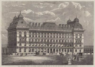 Das Grosvenor Hotel, im Bau auf dem Gelände des alten Grosvenor Basin, Belgravia (Stich) von English School