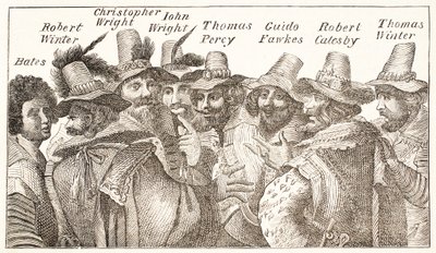 Die Schießpulver-Verschwörer, nach einem Stich von 1606 von English School