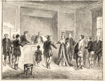 Die Hand und die Scheren, ein Fall vor dem Pie-Poudre-Gericht, nach einer Zeichnung von 1811 von English School