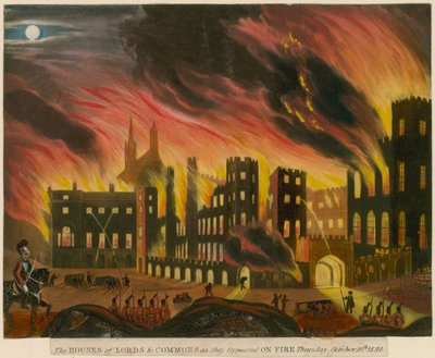 Die Häuser von Lords und Commons, wie sie am 16. Oktober 1834 in Flammen standen von English School