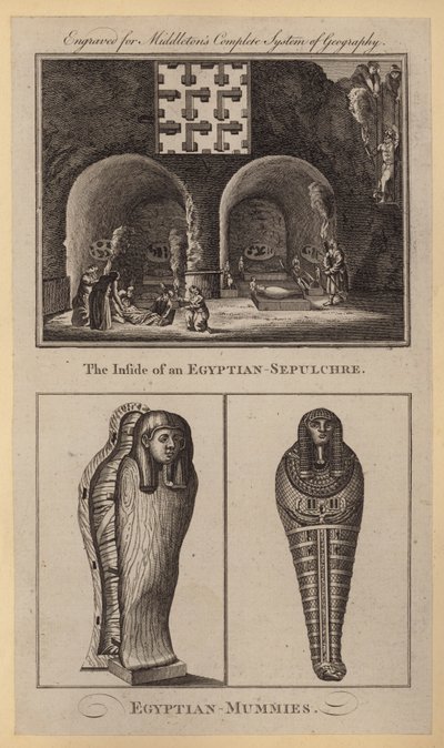 Das Innere eines ägyptischen Grabes, ägyptische Mumien (Stich) von English School