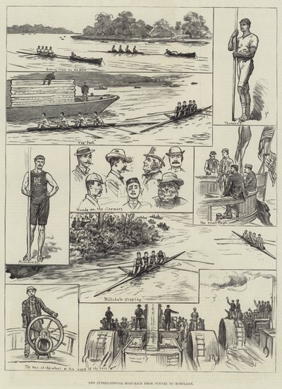 Das internationale Bootsrennen von Putney nach Mortlake (Gravur) von English School
