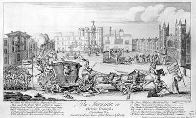 Die Invasion oder Perkins Triumph - ein protestantischer Druck, gewidmet allen wahren Liebhabern ihrer Religion und Freiheit, 1745 von English School