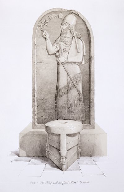 Der König und der Opferaltar, Nimrud, Tafel 4 aus Ninive und seine Überreste von Austen Henry Layard (1817-94) veröffentlicht 1849 von English School