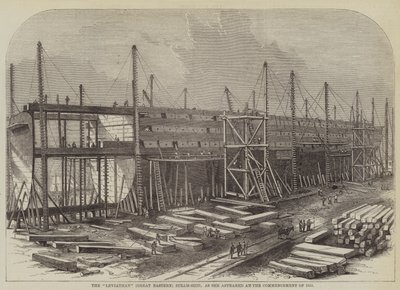 Der "Leviathan" (Great Eastern) Dampfschiff, wie sie zu Beginn des Jahres 1855 erschien (Stich) von English School