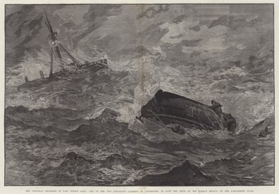 Die Katastrophen der Rettungsboote im Sturm der letzten Woche, eines der beiden Rettungsboote kenterte beim Versuch, die Besatzung der Bark Mexico an der Küste von Lancashire zu retten (Stich) von English School