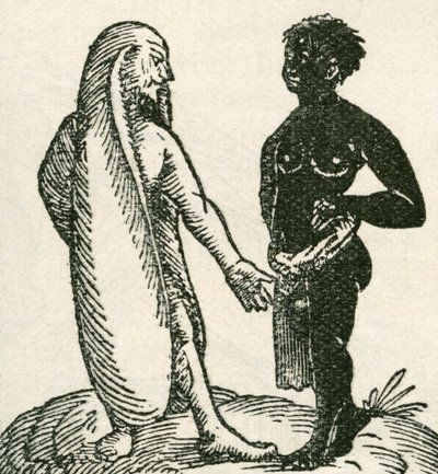 Der Langohrige Mann schimpft mit seinem Diener. Langohrige Männer sollen in Afrika gelebt haben. Es wurde gesagt, dass sie auf einem Ohr liegend schlafen und das andere als Decke benutzen. Aus The Strand Magazine, veröffentlicht 1897. von English School
