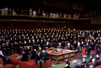 Der Lordkanzler kurz davor, die Frage in der Debatte über die Selbstverwaltung im House of Lords zu stellen, 1893 von English School