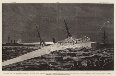 Der Verlust der Ankerlinie SS "Utopia" vor Gibraltar, das Schiff sinkt etwa zehn Minuten nach dem Zusammenstoß mit dem Rammbock der HMS "Anson" (Stich) von English School