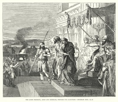 Die lügenden Propheten, Ahab und Zedekia, zur Hinrichtung verurteilt, Jeremia XXIX, 21, 22 (Gravur) von English School