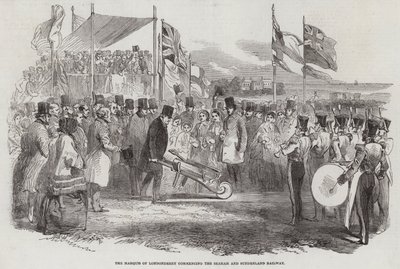 Der Marquis von Londonderry beginnt die Seaham und Sunderland Eisenbahn (Stich) von English School