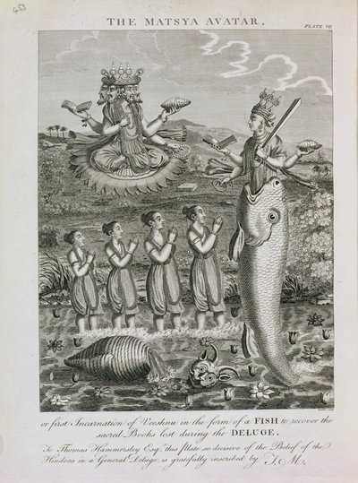 Der Matsya-Avatar oder die erste Inkarnation von Vishnu in Form eines Fisches, um die während der Sintflut verlorenen heiligen Bücher wiederzufinden, graviert von Barlow von English School
