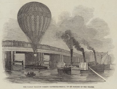Der Nassau-Ballon passiert die Battersea-Brücke auf seinem Weg die Themse hinauf (Stich) von English School