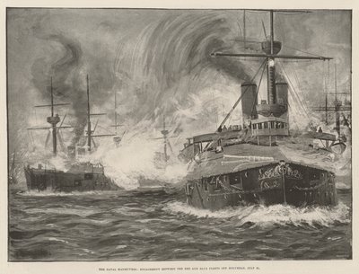 Die Marine-Manöver, Gefecht zwischen der roten und blauen Flotte vor Holyhead, 31. Juli (Lithografie) von English School