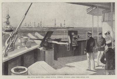 Die Marine-Manöver, Dampftaktiken, Bildung von Divisionen voraus aus einer Linie (Gravur) von English School