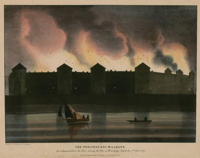 Das Zuchthaus, Millbank, London, wie es während des Feuers in der Nacht des 7. Oktober 1835 vom Fluss aus erschien von English School