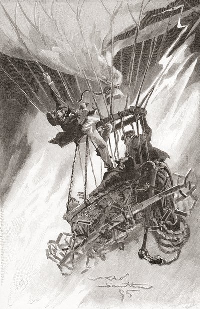 Die Gefahren der Heißluftballonfahrt. Ein Ballon in Schwierigkeiten und kurz vor dem Absturz. Aus The Strand Magazine, veröffentlicht 1896 (Lithografie) von English School