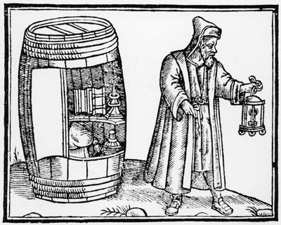 Der Philosoph Diogenes sucht mit seiner Laterne nach einem ehrlichen Mann in der Stadt London von English School