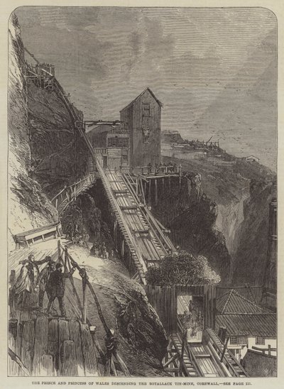 Der Prinz und die Prinzessin von Wales steigen in die Botallack-Zinnmine, Cornwall, hinab (Stich) von English School