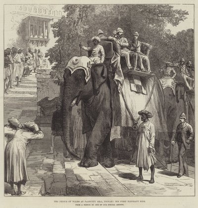 Der Prinz von Wales auf dem Parbutty Hill, Poonah, sein erster Elefantenritt (Stich) von English School