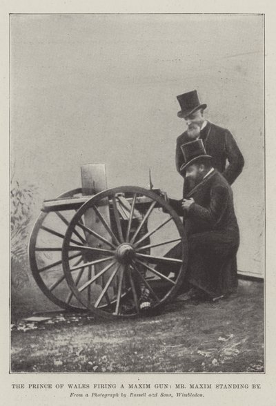 Der Prinz von Wales feuert ein Maxim-Gewehr ab, Mr. Maxim steht daneben von English School
