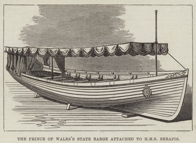 Die Staatsbarke des Prinzen von Wales, angehängt an die HMS Serapis (Stich) von English School