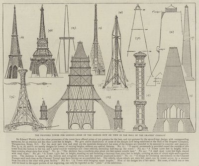 Der vorgeschlagene Turm für London, einige der Entwürfe, die jetzt in der Halle der Drapers