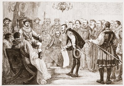 Die protestantischen Fürsten überreichen ihr Bekenntnis an Karl, Illustration aus Die Geschichte des Protestantismus von James Aitken Wylie, veröffentlicht 1878 von English School