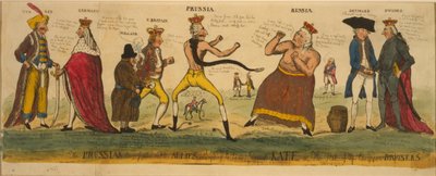 Der preußische Preisboxer und seine Verbündeten versuchen, die kaiserliche Kate zu zähmen, oder der Zustand der europäischen Bursiers, 1791 (handkolorierte Radierung) von English School