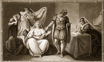 Die Königinwitwe stellt sich und ihre Töchter unter den Schutz von Richard III, Illustration aus David Humes The History of England, veröffentlicht von R. Bowyer, London, 1812 von English School
