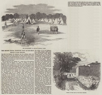 Der kürzliche tödliche Wahlaufstand in Six-Mile Bridge, Clare, Irland (Gravur) von English School
