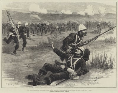 Die Aufklärung in Kraft, 5. August, Royal Marines ziehen sich am Ende des Tages unter schwerem Beschuss zurück (Gravur) von English School